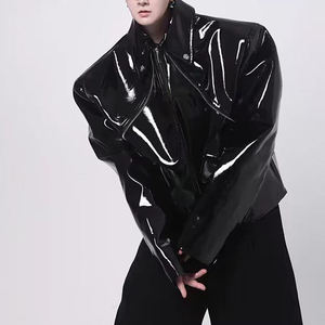 <b>Men's</b> Black PU Leather Bomber <b>Jacket</b> Moto Style Turn-down Collar Zipper Closure Solid Color Regular Length Loose Fit - Product Image 3