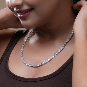 Sterling Silver Rhodium Plated Moissanite Emerald Cut Tennis <b>Necklace</b> Iced Chain Hip Hop Bling <b>Statement</b> Jewelry - Product Image 4