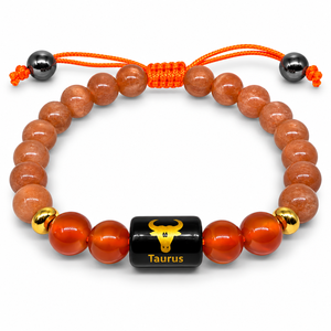 Pulsera de Cristal Premium del Zodiaco Tauro con Cuentas de Piedra del Sol, Patrón de Cabeza de Toro y Etiqueta de Cobre con Símbolo Sánscrito - Product Image 1