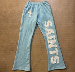 Trousers Custom Men's Vintage Trousers Casual Wide Leg Rhinestone Pants With Distressed Flared Design Made Fleece <b>Jogger</b> Fabric - Product Image 5