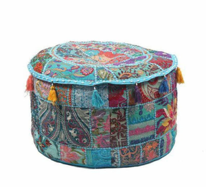 Puf Redondo de Tela Bohemio Eléctrico Hecho a Mano con Diseño de Patrón Floral para Decoración de Sala de Estar - Product Image 4