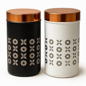 Minimalist Metal Spice <b>Containers</b> Round Airtight Design Engraved Floral Pattern Black and White with Copper Lids - Product Image 1
