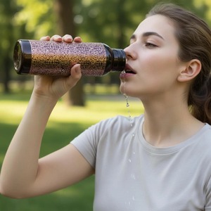 Bouteille d'eau en cuivre émaillé noir de qualité supérieure avec impression vintage complexe, récipient artisanal en cuivre fait main - Product Image 4