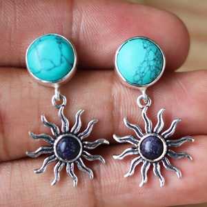 Wholesale Turquoise Lapis Lazuli Sun <b>Earrings</b> 925 <b>Sterling</b> <b>Silver</b> Handmade Celestial Gemstone <b>Dangle</b> <b>Earrings</b> for Women - Product Image 6