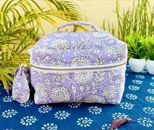 Handcrafted Quilted Tote <b>Vanity</b> Bag for Women Fabric Travel Cosmetic Pouch with Cotton Handle Block Printed <b>Makeup</b> Organizer - Product Image 5