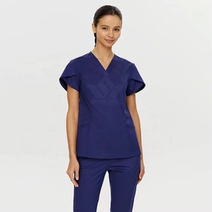 Women's V Neck Medical <b>Scrub</b> <b>Set</b> Layered Short Sleeve Top and Pants Stretch Healthcare Nursing Workwear Uniform - Product Image 1