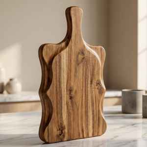 Planche à découper en bois d'acacia de haute qualité, faite à la main, avec poignée, design ondulé unique sur le côté, solide et robuste, pour la préparation des aliments - Product Image 1