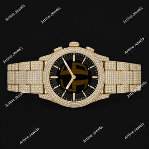 Gold Tone Crystal Stone <b>Black</b> Dial Round Face Fashion <b>Watch</b> With Geometric Center Design Sparkling Luxury Statement Timepiece - Product Image 2