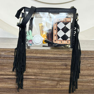 กระเป๋าสะพายข้างผู้หญิงแบบมีพู่ หนังแท้ ตกแต่งด้วยมือ สายปรับได้ ซิป วินเทจ สไตล์ตะวันตก โบฮีเมียน กระเป๋าถือแบบใส - Product Image 6