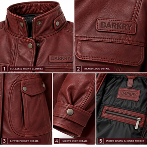 Womens Burgundy Leather Field Jacket Dark <b>Red</b> Genuine Lambskin Safari Utility <b>Coat</b> Cinch <b>Waist</b> Snap Collar Flap Pocket Outerwear - Product Image 6