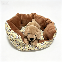 Coussin rond apaisant pour animaux de compagnie avec bordure en peluche jaune à motif chien pour chats et petits chiens