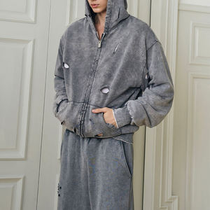 Sweat à capuche léger en coton uni pour homme, effet usé, avec fermeture éclair, et pantalon de survêtement déchiré, à cordon de serrage, respirant et à séchage rapide - Product Image 2