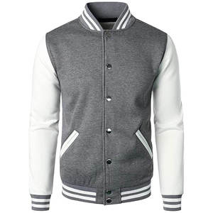 <b>Men</b> Varsity <b>Jacket</b> Gray <b>White</b> PU Sleeve Stand Collar Casual Autumn Regular Fit Polyester Cotton Material Button Closure - Product Image 1