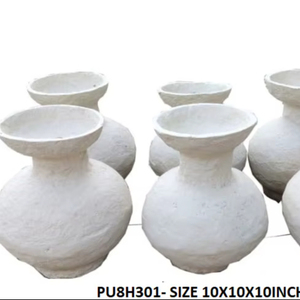 Jarrón Decorativo de Papel Maché Hecho a Mano, Maceta Redonda Blanca Rústica, Recipiente de Cerámica de Arte Tradicional Indio - Product Image 1