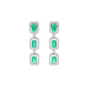 Wholesale 18k White Gold Natural <b>Emerald</b> Diamond Halo 3-Stone Linear Drop Earrings Memoria Jewels - Product Image 1