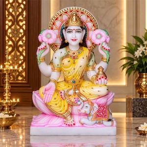 Fabricant de statues de Laxmi en marbre |   Murti Lakshmi Mata artisanal avec lotus, éléphant et kalash |   MALIYAS Jaipur - Product Image 1