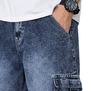 Pantalon cargo en jean bleu pour homme, taille mi-haute, coupe ample, délavage enzymatique, multi-poches, décontracté, respirant, séchage rapide - Product Image 3
