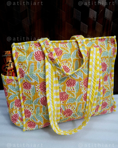 Premium Sustainable 100% Cotton <b>Quilted</b> <b>Tote</b> <b>Bag</b> Zipper Closure Long Shoulder Handle Eco-Friendly ATITHI ART - Product Image 2