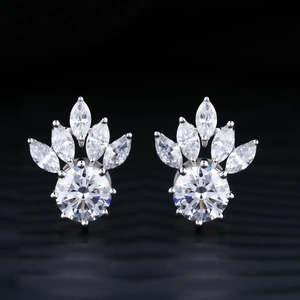Round and Marquise Moissanite Flower Stud <b>Earrings</b> 5.50 TCW Colorless VVS 14K Gold Floral Cluster Screw <b>Back</b> Handmade Jewelry - Product Image 2