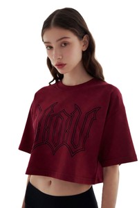 Women's Crop Top <b>T</b>-<b>Shirt</b> Maroon <b>Gothic</b> Logo Print Streetwear Loose Fit Crew Neck Short Sleeve 100% Cotton Jersey Breathable - Product Image 3