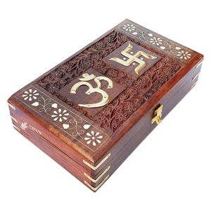 Caja de Joyería Clásica de Madera de Acacia, Impermeable, Tallada con el Símbolo OM |   Kit |   Organizador de tocador para mujer: Almacenamiento de efectivo y amuletos de la suerte en oro - Product Image 5