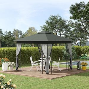 Pergola de patio extérieur gris 10x10 avec filet de toit en polyester à 2 niveaux Gazebo et pavillon à cadre en acier avec rideaux latéraux - Product Image 2