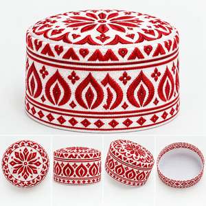 Chapeau Kufi islamique brodé blanc, vert et jaune pour hommes, en coton, chapeau de prière ethnique - Product Image 6