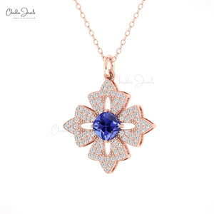 Luxury 5MM Cushion Cut Blue Tanzanite Gemstone Floral <b>Pendant</b> 14k <b>Solid</b> <b>Gold</b> Diamond <b>Pendant</b> Fine Jewelry at Manufacturing Price - Product Image 3