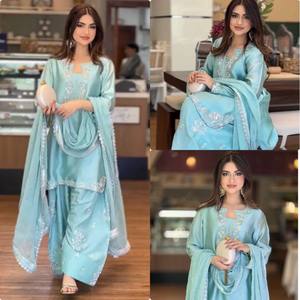 Pure Glass Silk Embroidery & Sequence Work <b>Kurti</b> with Farshi Palazzo & Dupatta Set for Women - Product Image 4