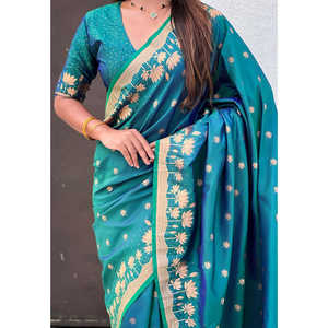 Sari en soie Pichwai tissé en zari vert, robes de soirée élégantes - Product Image 3