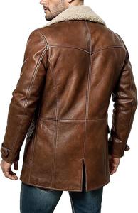 Manteau long en cuir véritable doublé de fourrure de mouton marron vintage pour homme - Product Image 4