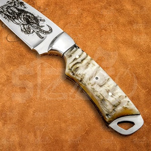 Cuchillo de caza y camping hecho a mano con hoja grabada de punta caída, mango de cuerno de carnero, acero D2, cuchillo utilitario OEM EDC con funda de cuero - Product Image 4