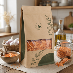 Bolsa de papel kraft impresa personalizada con ventana para envasado de alimentos, reciclable, autoformable, de forma rectangular, con impresión a cuatro colores. - Product Image 1