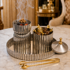 Juego de quemador de incienso Mabkhara de metal con pinzas y tapa en bandeja, acabado en oro y plata, soporte de aromaterapia para uso en interiores. - Product Image 5