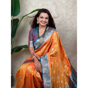 Sari en soie tissée Banarasi Jaal Zari orange, vêtements indiens et pakistanais - Product Image 4