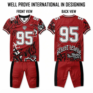 Custom <b>Red</b> American Football Jersey Breathable Quick Dry 250 GSM Heavy <b>Mesh</b> Fabric Embroidered Crest Shoulder Yoke Panel Tackle - Product Image 5
