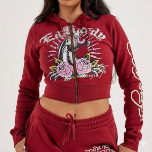 Custom Logo Women's Red <b>Cropped</b> Hoodie Floral Print <b>Zip</b>-<b>Up</b> Sweatshirt Full Sleeve Knitted Cotton Autumn Wear - Product Image 1