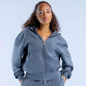 Sudadera con capucha gris de diseño personalizado con logotipo, de forro polar, extragrande, con cremallera, antiarrugas, transpirable, para entrenamiento en el gimnasio y ropa deportiva para mujer. - Product Image 1