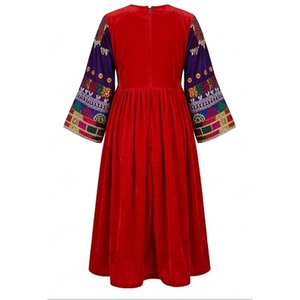 Women's Red Velvet Kurta Midi <b>Dress</b> With Embroidered Sleeves Traditional Ethnic Style Wedding Wear Loose Fit Afghan Kuchi <b>Dress</b> - Product Image 2