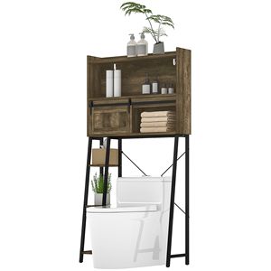 Meuble de rangement marron vieilli à poser au-dessus des toilettes avec 3 compartiments et 4 étagères ouvertes, organisateur de salle de bain - Product Image 1