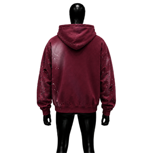 <b>Men's</b> Oversized Maroon distressed zip up hoodie Spray Print Streetwear Cotton French Terry Regular Sleeve Autumn Style Casual - Product Image 2