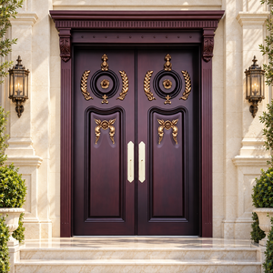 GA-01F Porte d'entrée extérieure double en bois massif, robuste et solide, de qualité supérieure, extra épaisse 50mm, design incurvé circulaire - Product Image 1