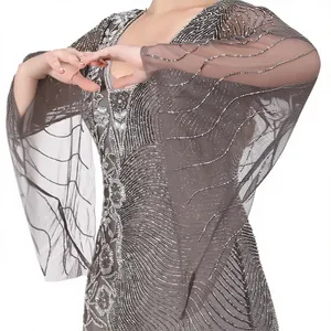 Robe de soirée de luxe en argent ardoise, richement ornée de perles de verre, robe longue avec manches longues en forme de cloche pour bal de promo, soirée formelle - Product Image 6
