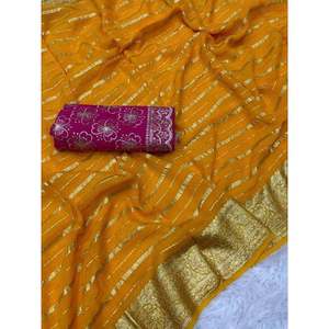 VISCOSE GEORGETTE <b>SAREE</b> WITH EMBROIDERY WORK UNSTITCHED BLOUSE <b>YELLOW</b> - Product Image 1
