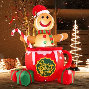 Décorations de jardin gonflables pour les fêtes de plein air - Bonhomme en pain d'épices de 7 pieds dans une tasse de chocolat chaud avec lumières LED et boîtes cadeaux - Product Image 2