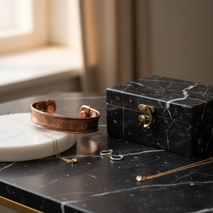 Bracelet manchette artisanal en cuivre et laiton – Bracelet thérapeutique magnétique – Bijou ajustable avec symbole Chakra gravé pour femme - Product Image 6