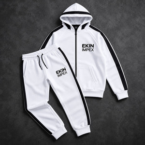 Custom Men’s White Zip Up Hoodie Tracksuit <b>Set</b> Sportswear Fleece Jogger <b>Set</b> OEM Private Label - Product Image 3