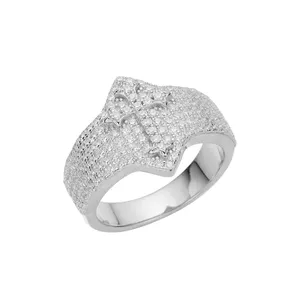 Men's 925 <b>Silver</b> 18K Gold Filled Moissanite Cocktail <b>Ring</b> Round Brilliant Cut Pave Setting <b>Cross</b> Religious Style - Product Image 3