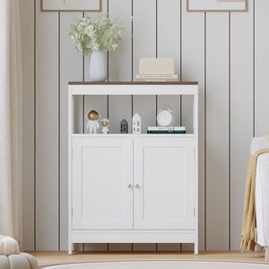 Modern Free <b>Standing</b> Bathroom Cabinet Natural Wood Top with Adjustable <b>Shelf</b> Double Doors Multi-Purpose Storage - Product Image 6