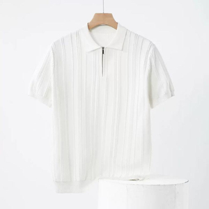 Polo à manches courtes en tricot pour homme, couleur unie, coupe classique, style décontracté, vert olive, fermeture éclair sur le devant - Product Image 3